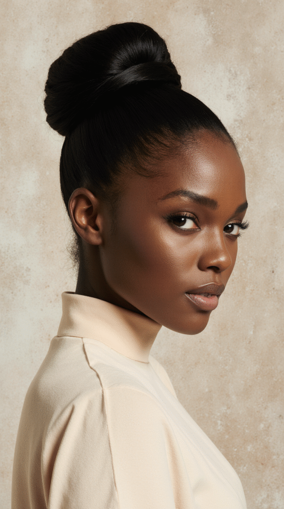 15 Straight Hairstyles for Black Women 7 Classic High Bun with Laid Edges