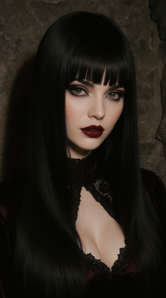36+ Vampire Hairstyles for Women 2 Classic Long Sleek Hair with Middle Part