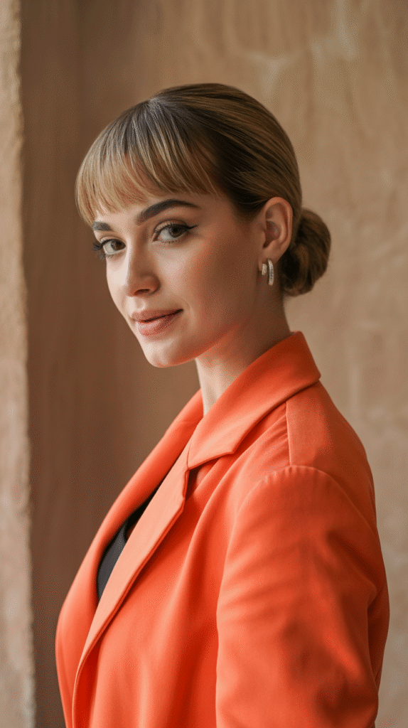 29 Formal Hairstyles for Short Hair 14 Classic Sleek Bun with Blunt Bangs