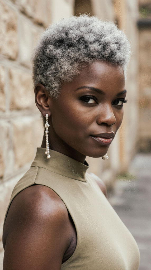 20 Older Black Women Hairstyles for Over 50 13 Close Cropped Gray Fade