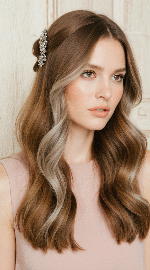20 Chic Brown Hair with Silver Highlights Ideas 17 Copper and Silver Half Up Curls