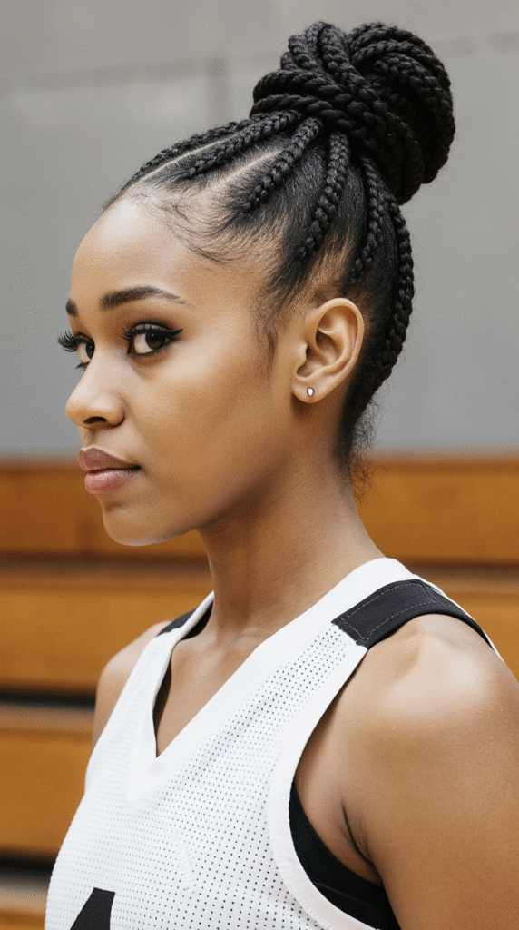 30 Top Basketball Hairstyles 2 Cornrows with a High Braided Bun 1