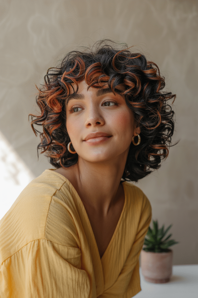 27 Inspiring Black Hair with Brown Highlights Ideas 5 Curly Black Hair with Bright Cinnamon Highlights