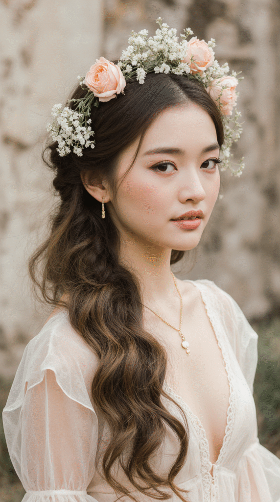 15 Dreamy Princess Hairstyles 9 Curly Bohemian Halo with Floral Accents