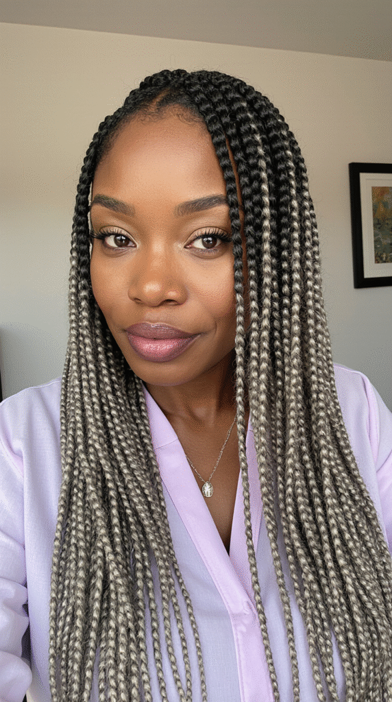 Curly Ends Box Braids with Gray Roots