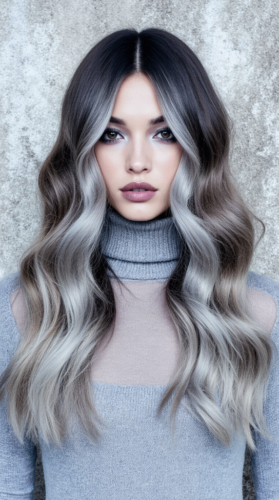 24 Winter Balayage Ideas for Brunettes 18 Dark Ash Brunette with Silver Balayage Waves