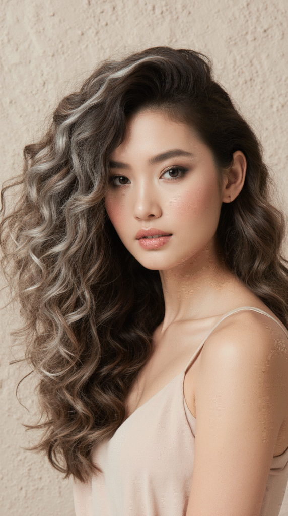 20 Chic Brown Hair with Silver Highlights Ideas 8 Dark Brown Curls with Silver Highlights