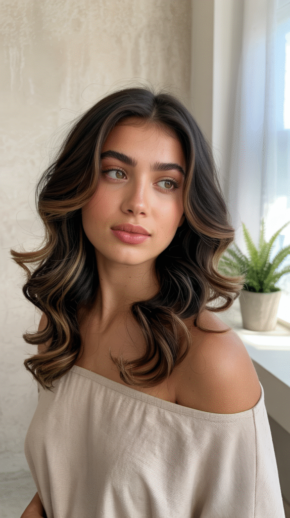 17 Dark Caramel Balayage Ideas: 2 Dark Caramel Balayage with Soft Curls and Subtle Highlights 2