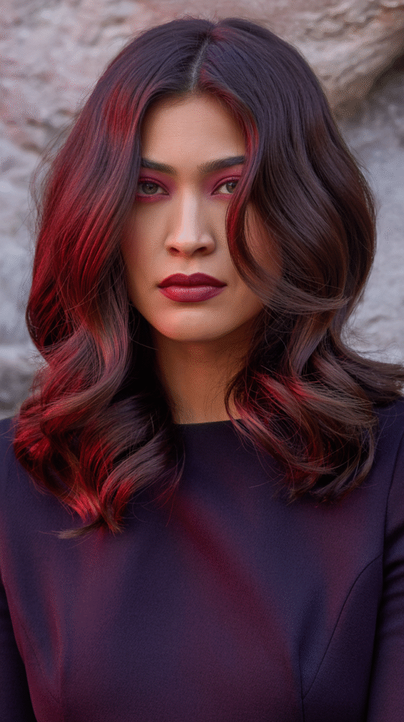 24 Winter Balayage Ideas for Brunettes 13 Dark Cherry Brunette Waves with Subtle Red Balayage