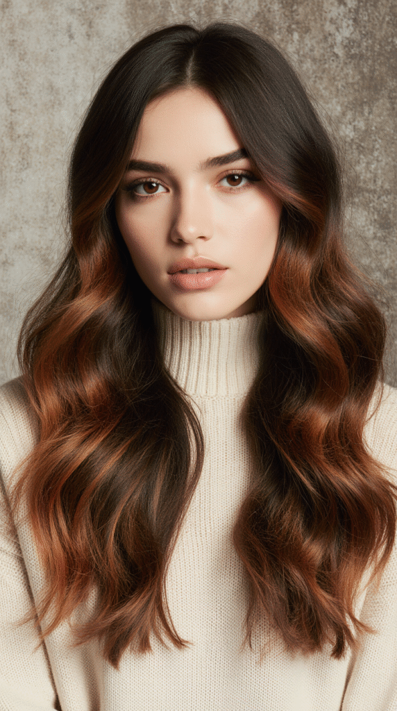17 Red Copper Balayage Ideas 16 Dark Chocolate Waves with Copper Highlights