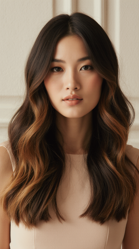 17 Dark Caramel Balayage Ideas: 3 Dark Chocolate Waves with Warm Caramel Balayage 1