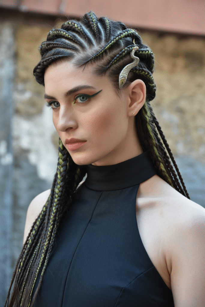 17 Medusa Hair Ideas 5 Dark Serpent Braids with Green Highlights