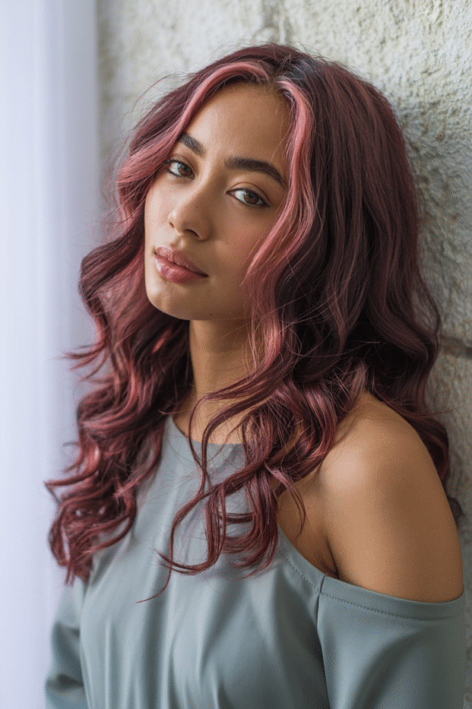 22 Flattering Hair Color Ideas for Brown Skin 16 Deep Burgundy Waves with Pink Highlights