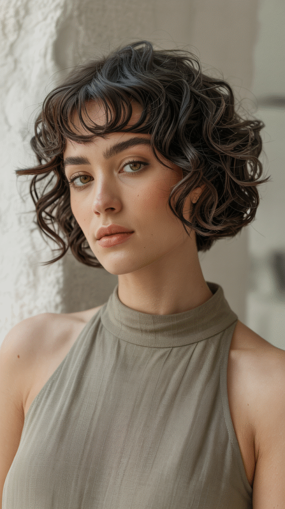 15 Chic Bob Hairstyles with Bangs 11 Defined Curls Bob with Micro Bangs