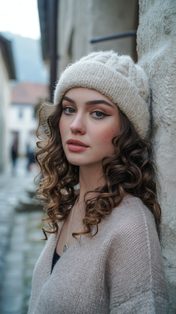 25 Mastering Beanie Hairstyles 11 Defined Long Curls with a Beanie