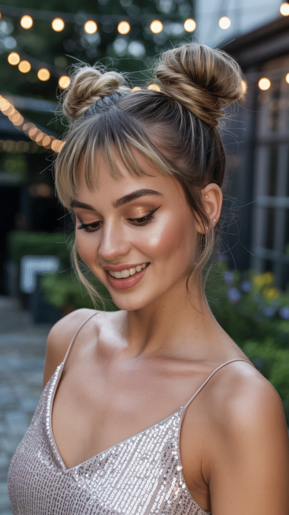 23 New Year’s Hairstyles for Short Hair 20 Double Buns with ispy Bangs