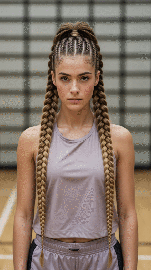 30 Top Basketball Hairstyles 24 Double Dutch Braid with Ponytail End 1