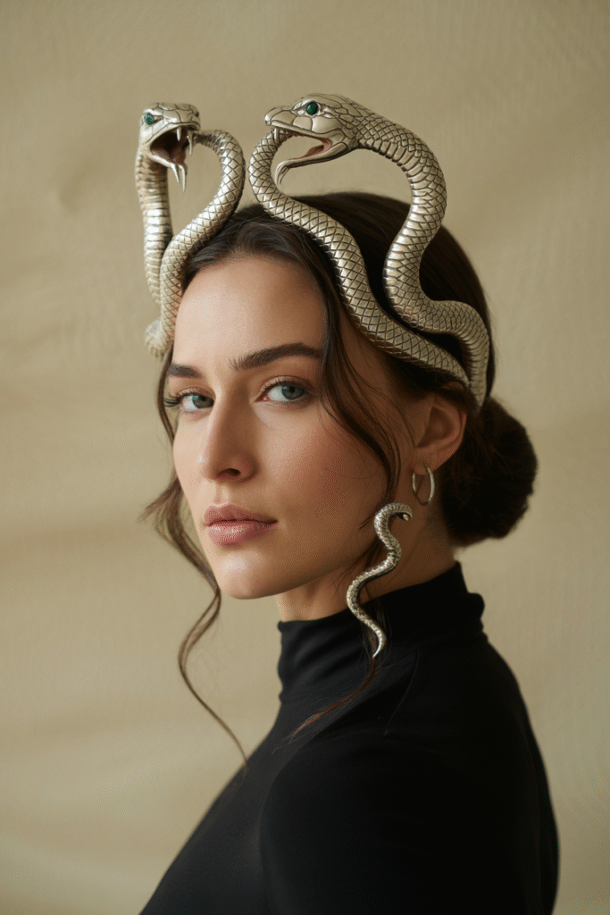 17 Medusa Hair Ideas 9 Dual Serpent Crown with Loose Tendrils