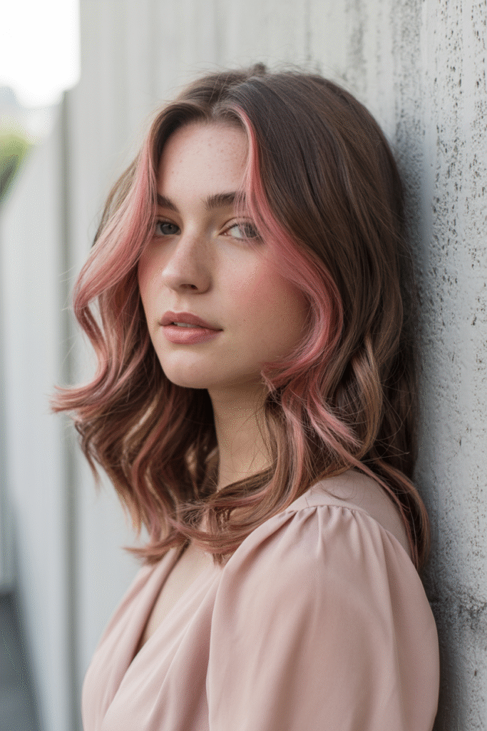 16 Pretty Pink Highlights in Brown Hair 9 Dusty Rose Side Swept Highlights