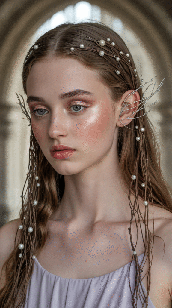 19 Fairy Hairstyles 7 Elven Elegance Sleek Straight Hair with Twig Accessories and Elven Ear Cuffs