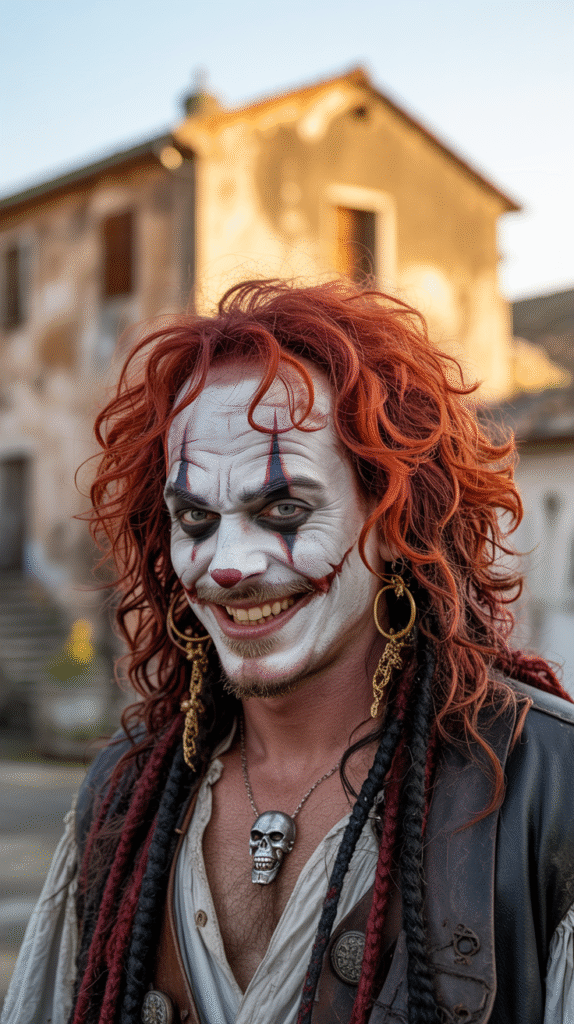 22 Pirate Hairstyles for Men 12 Evil Clown Pirate Tousled Red Hair with Black Highlights