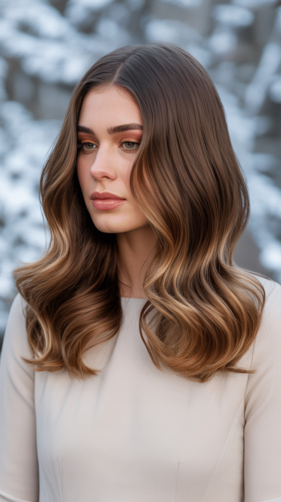 24 Winter Balayage Ideas for Brunettes 15 Glossy Brunette Balayage with Golden Brown Accents