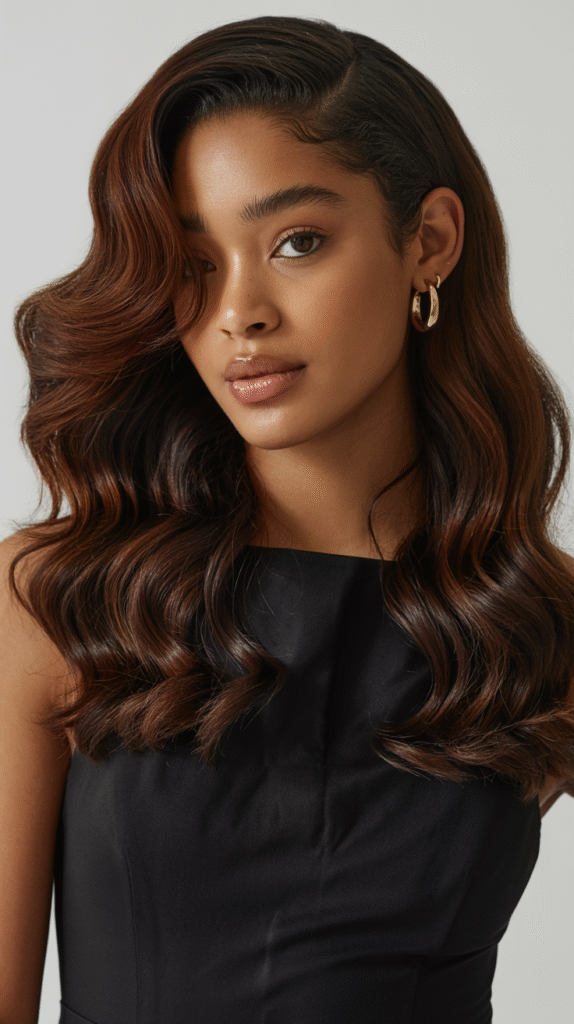 22 Flattering Hair Color Ideas for Brown Skin 7 Glossy Deep Brown Waves