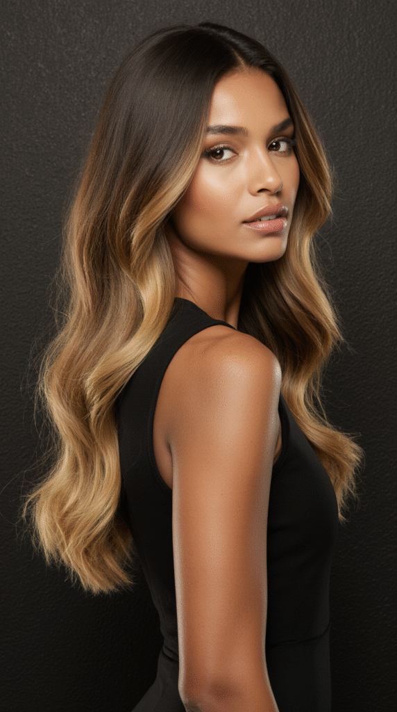 22 Flattering Hair Color Ideas for Brown Skin 4 Golden Honey Balayage on Long Waves