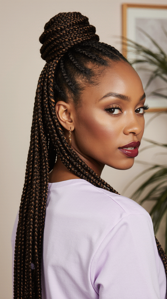 Half Up Box Braids with a Top Knot