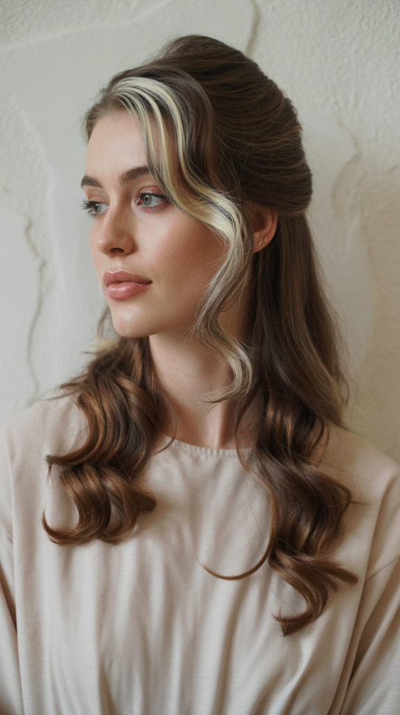 20 Chic Brown Hair with Silver Highlights Ideas 16 Half Up Curls with Silver Highlights