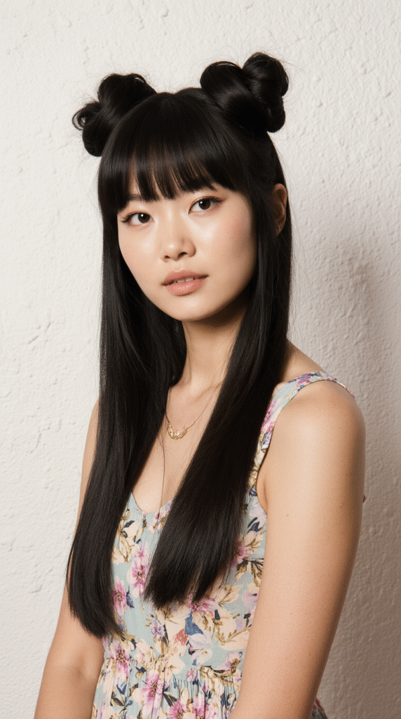 24 Gorgeous Straight Hairstyles 7 Half Up Space Buns with Sleek Straight Hair 2