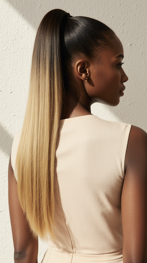 15 Straight Hairstyles for Black Women 3 Half Up Straight Ponytail with Blonde Ombre 1