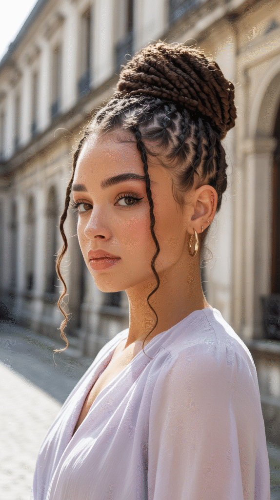 15 Thin Locs Hairstyles 4 High Bun with Framing Tendril Locs