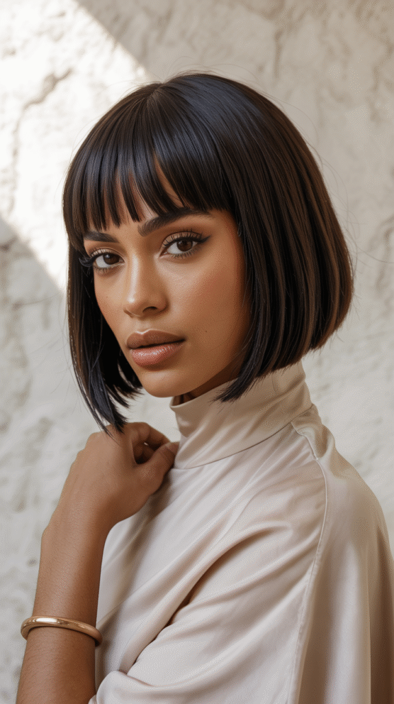 15 Chic Bob Hairstyles with Bangs 13 High Gloss Bob with Blunt Bangs