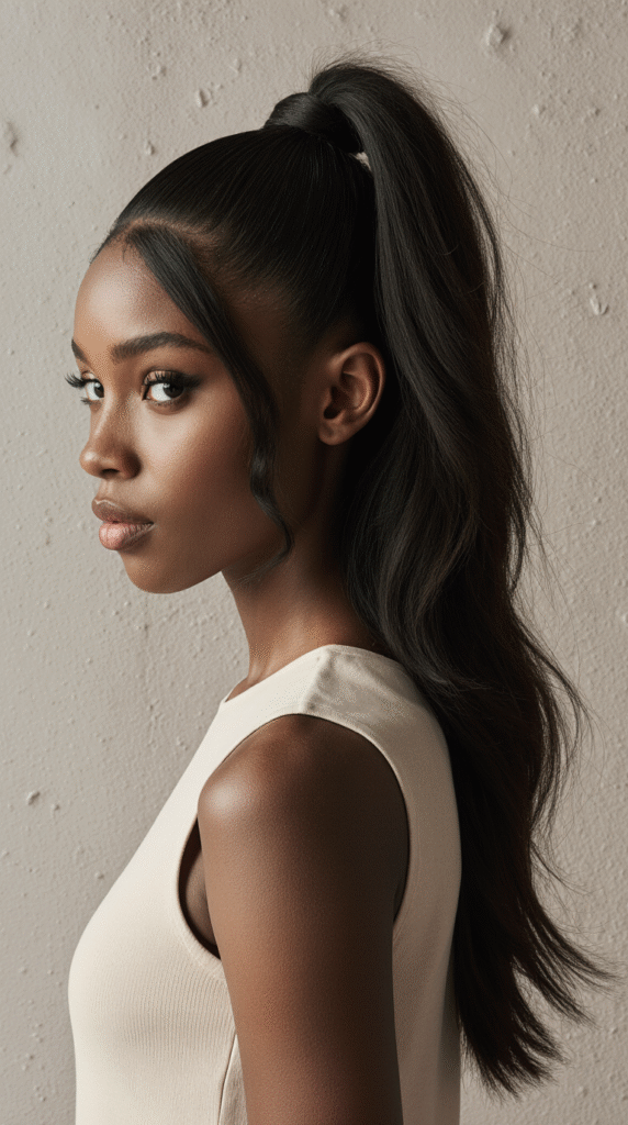 15 Straight Hairstyles for Black Women 9 High Half Up Ponytail with Tousled Layers