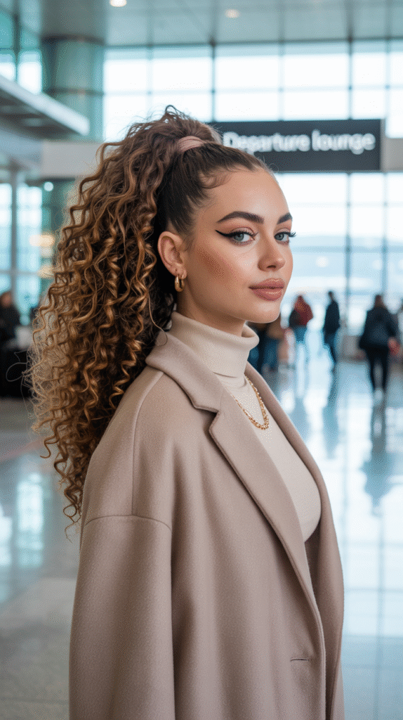 17 Airport Hairstyles for Curly Hair 8 High Long Ponytail