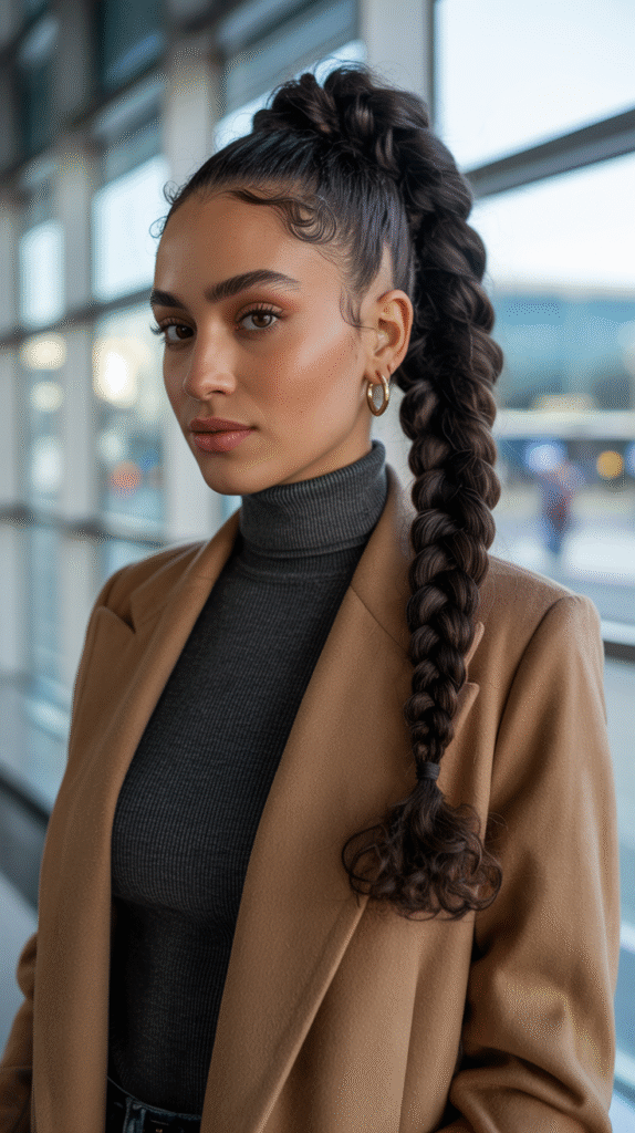 17 Airport Hairstyles for Curly Hair 9 High Ponytail Braid