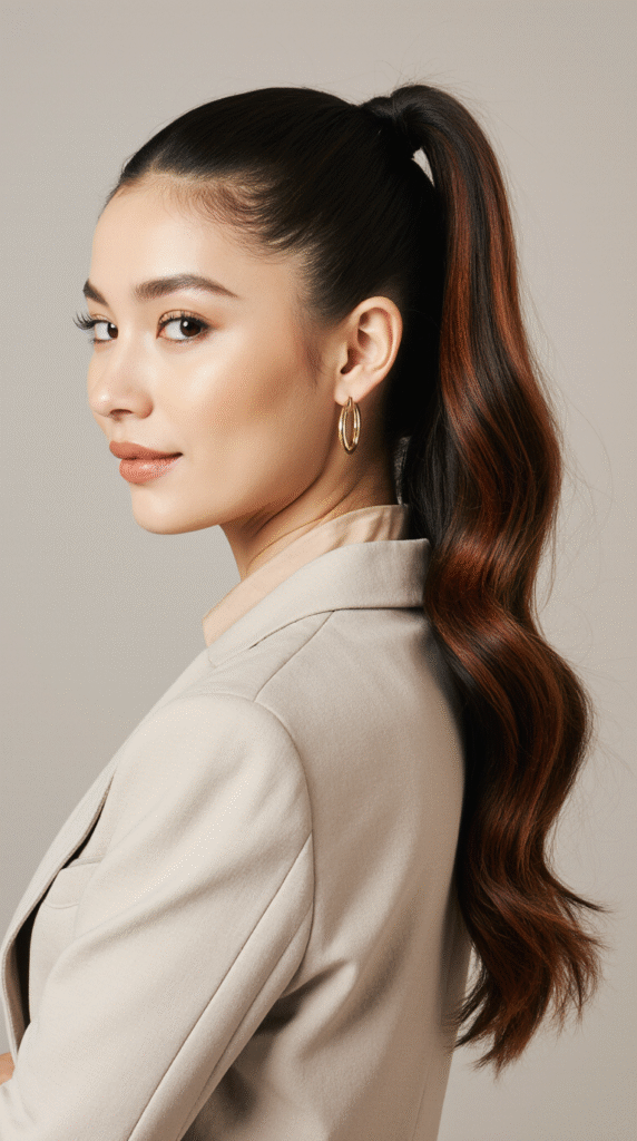 27 Inspiring Black Hair with Brown Highlights Ideas 13 High Ponytail with Auburn Brown Highlights