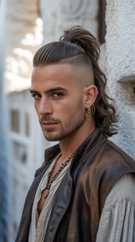 22 Pirate Hairstyles for Men 13 High Ponytail with Fade Undercut