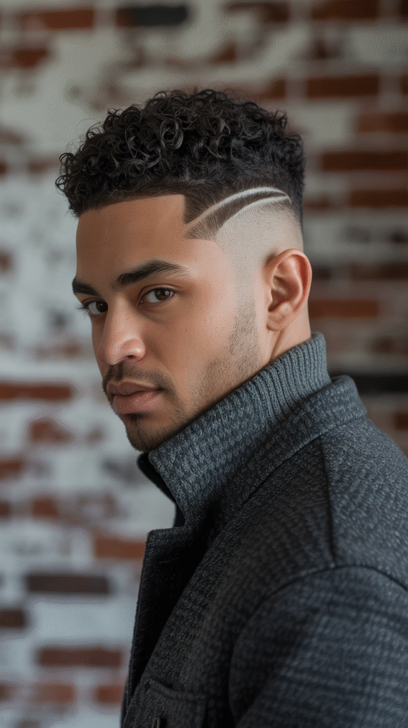 18 Curly Hairstyles for Men with Fade 17 High Top Fade with Geometric Design