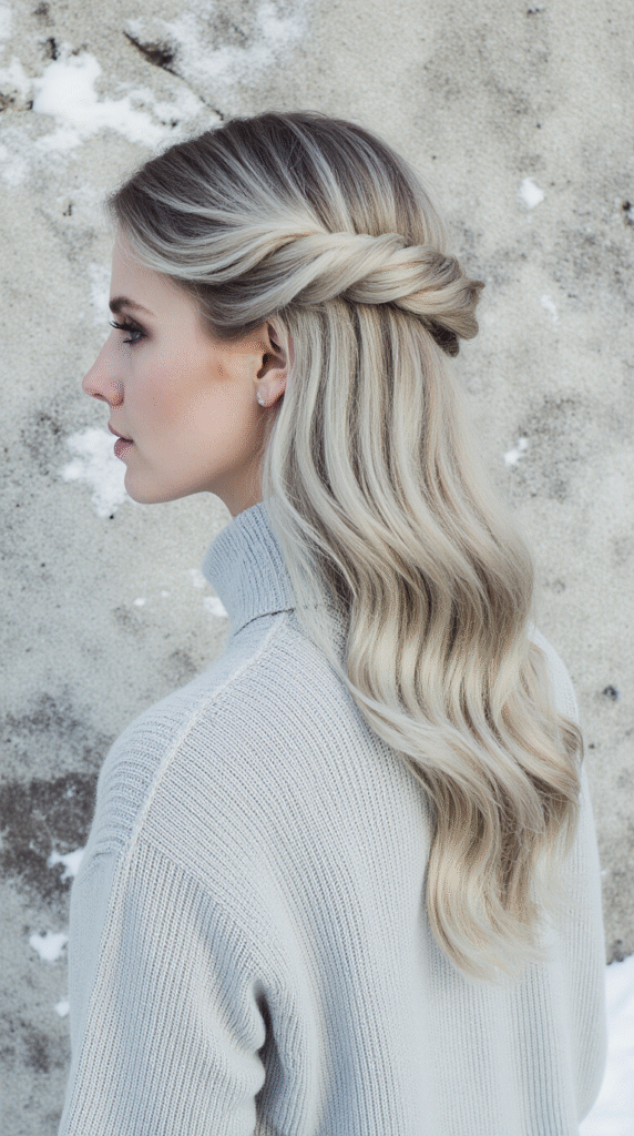 22 Winter Highlights for Blondes 9 Icy Blonde Half Up with Cool Ash Highlights
