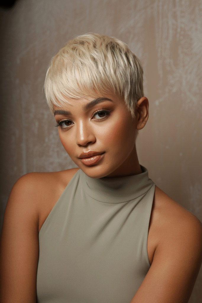 22 Flattering Hair Color Ideas for Brown Skin 10 Icy Blonde Pixe Cut