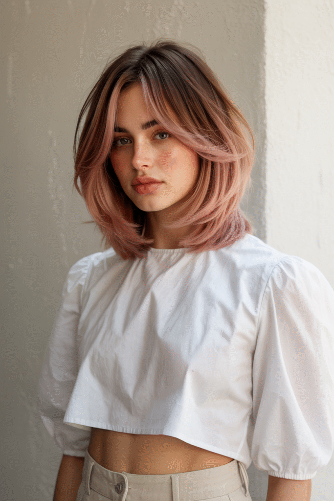 16 Pretty Pink Highlights in Brown Hair 12 Layered Bob with Pink Gradient Ends