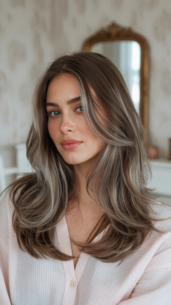 20 Chic Brown Hair with Silver Highlights Ideas 6 Layered Brown Hair with Silver Accents