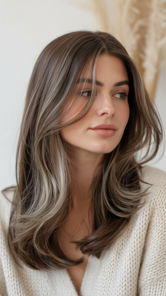20 Chic Brown Hair with Silver Highlights Ideas 9 Layered Brown Hair with Silver Highlights 2