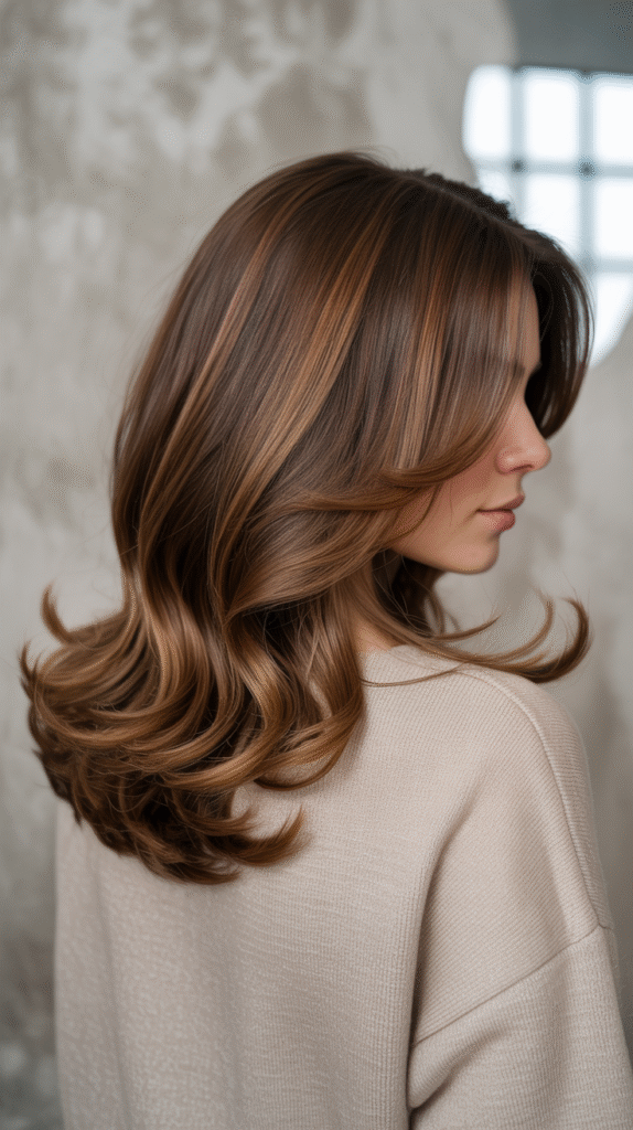 24 Winter Balayage Ideas for Brunettes 2 Layered Brunette Balayage with Soft Caramel Ends 1