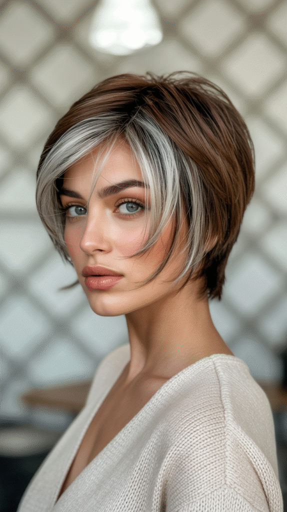 20 Chic Brown Hair with Silver Highlights Ideas 20 Layered Pixie with Silver Highlights
