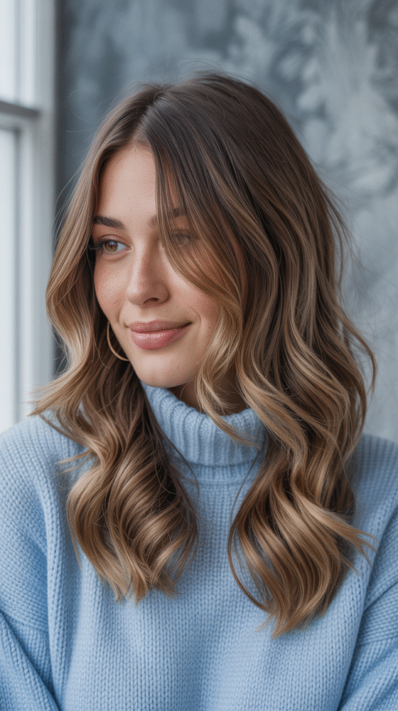 17 Dark Caramel Balayage Ideas: 16 Light Caramel Balayage on Wavy Lob
