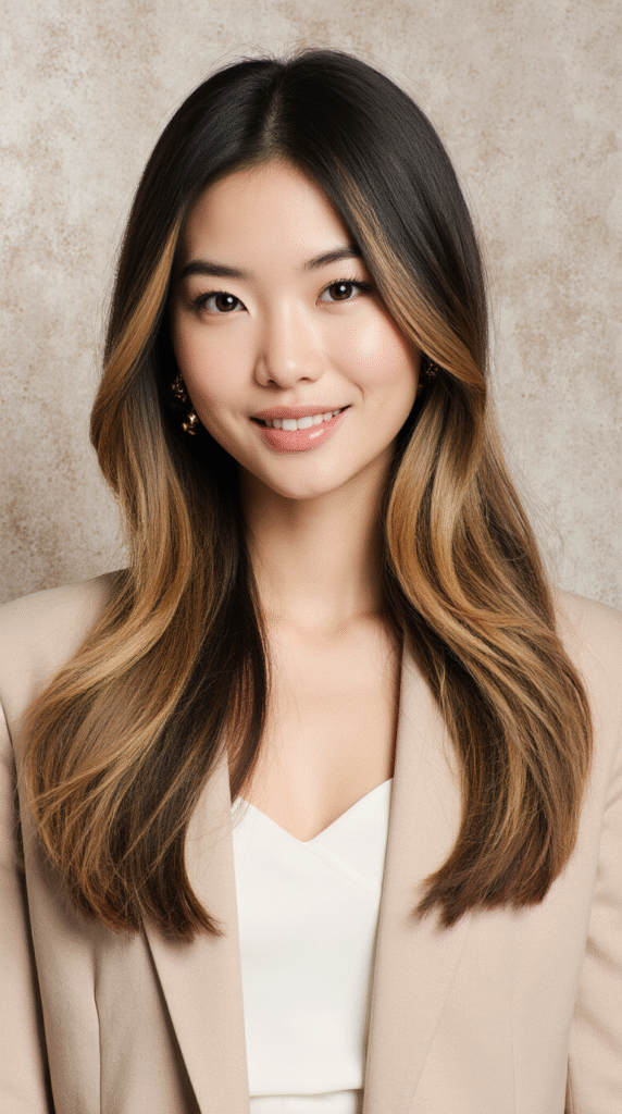 27 Inspiring Black Hair with Brown Highlights Ideas 15 Long Black Hair with Golden Brown Face Framing Highlights