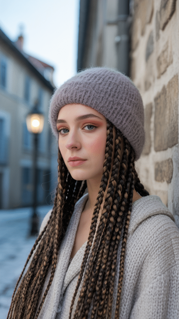 25 Mastering Beanie Hairstyles 12 Long Braids with a Beanie